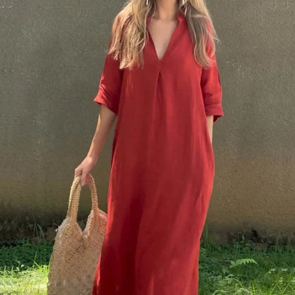 LM | Linen dress with V-neck and pocket