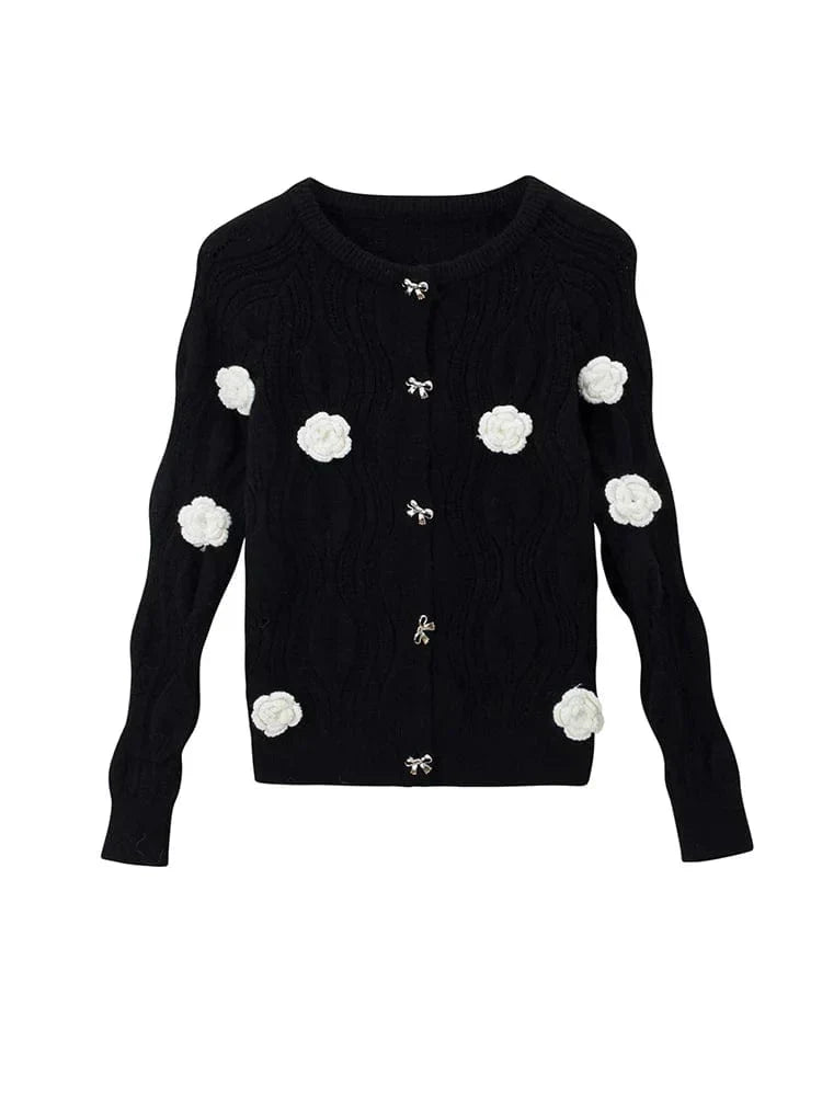 LM | Elegant sweater in black with 3D flowers and single-breasted design