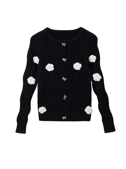 LM | Elegant sweater in black with 3D flowers and single-breasted design
