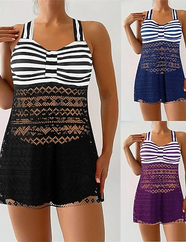 Tankini Two Piece Swimsuit Lace Swimwear Stripes Swimwear Black Purple Breathable Quick Dry Lightweight Sleeveless - Swimming Surfing Beach Summer Spring
