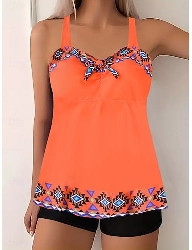 Tankini 2 Piece Swimsuit Boy Leg Tummy Control High Waist Slim Backless Vacation Beach Wear Geometic V Neck Sleeveless Bathing Suits