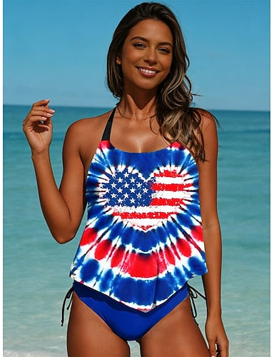 Independence Day Patriotic Patriot Veteran Swimsuit Tankini 2 Piece Cheeky Swimsuit Backless Vacation Beach Wear Flag U Neck Sleeveless Bathing Suits