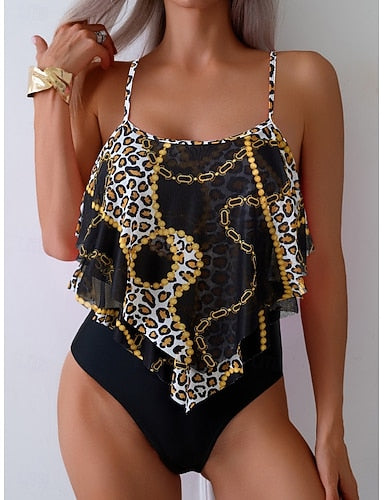 Tankini 2 Piece Swimsuit Leopard Briefs Tummy Control High Waist Slim Backless Vacation Beach Wear Scoop Neck Sleeveless Bathing Suits