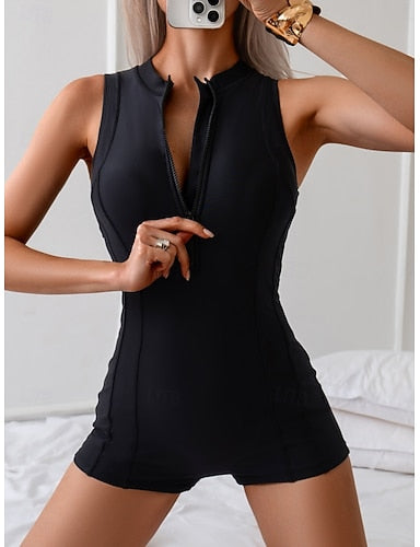 Swimwear One Piece Monokini Swimsuit Zip Up Tummy Control High Waist Slim Vacation Sports Color High Neck Sleeveless Bathing Suits