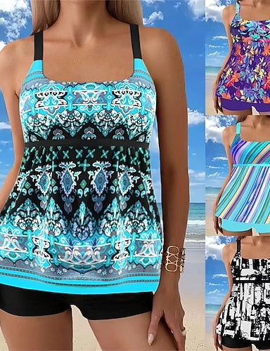 Tankini Two Piece Swimsuit Swimwear Swimwear Black Blue Breathable Quick Dry Lightweight Sleeveless - Swimming Surfing Beach Summer Spring